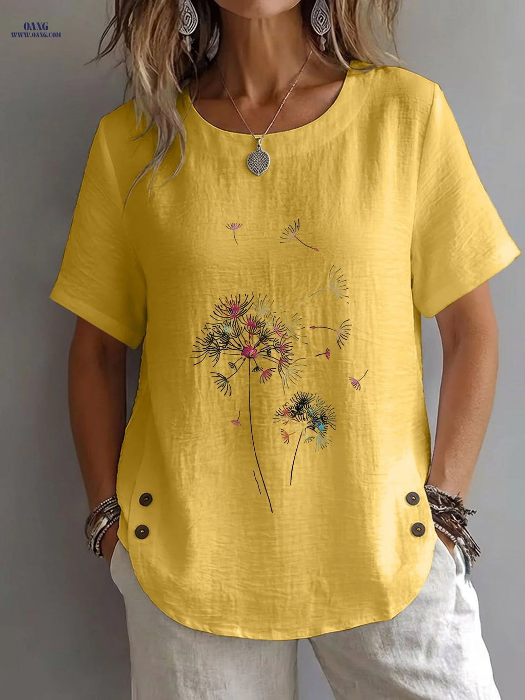Spring/Summer Women's Top, Abstract Style, Scattered Dandelion Print, Elegant, Mature, Casual, Round Neck, Short Sleeve, Women's Clothing   OAXG Yellow / S