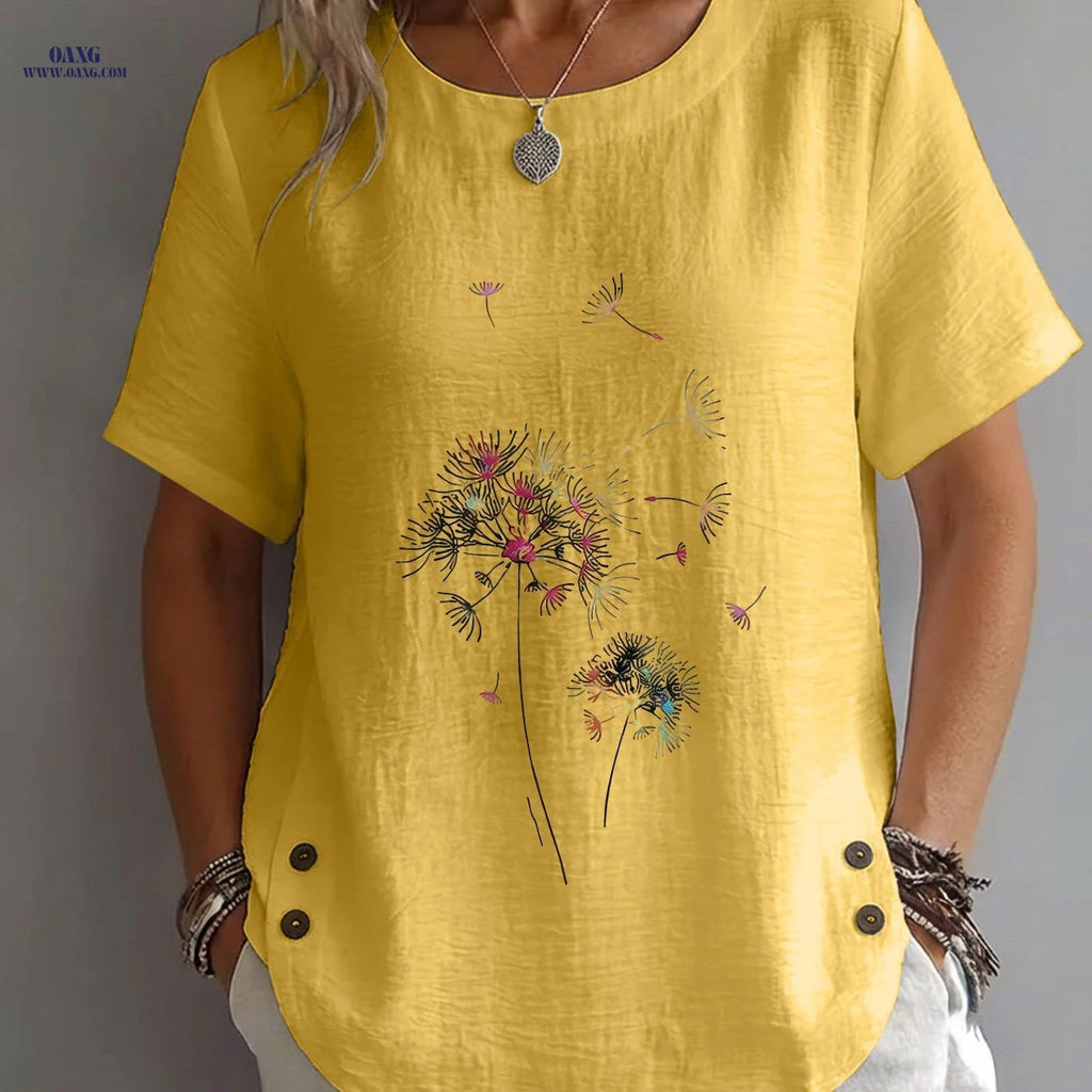 Spring/Summer Women's Top, Abstract Style, Scattered Dandelion Print, Elegant, Mature, Casual, Round Neck, Short Sleeve, Women's Clothing   OAXG Yellow / S