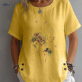 Spring/Summer Women's Top, Abstract Style, Scattered Dandelion Print, Elegant, Mature, Casual, Round Neck, Short Sleeve, Women's Clothing   OAXG Yellow / S