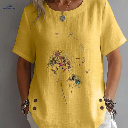 Spring/Summer Women's Top, Abstract Style, Scattered Dandelion Print, Elegant, Mature, Casual, Round Neck, Short Sleeve, Women's Clothing   OAXG Yellow / S