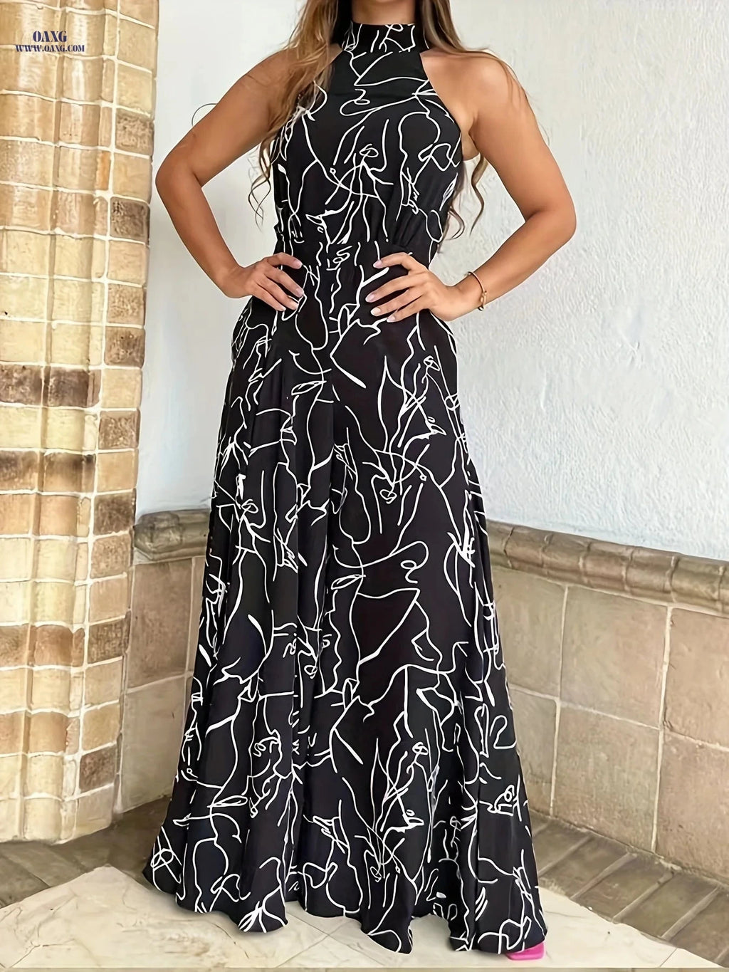 Elegant Abstract Print Wide Leg Jumpsuit - Sleeveless & Flowy Style   OAXG 