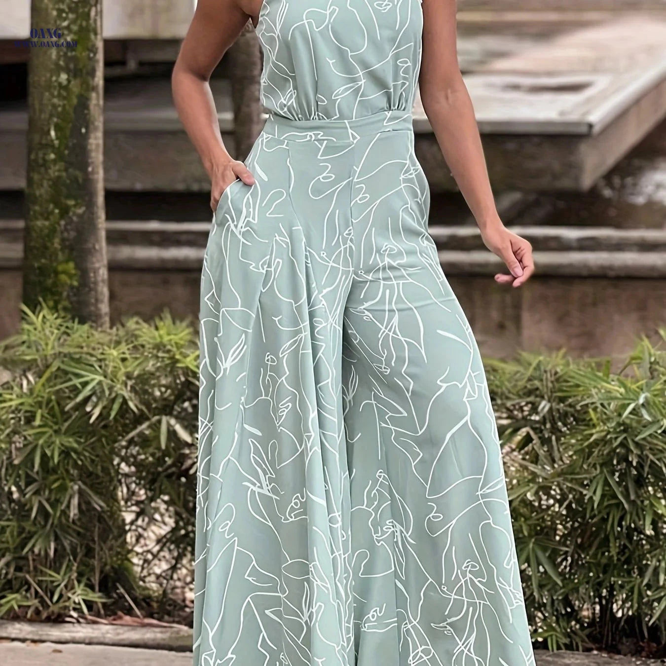Elegant Abstract Print Wide Leg Jumpsuit - Sleeveless & Flowy Style   OAXG 
