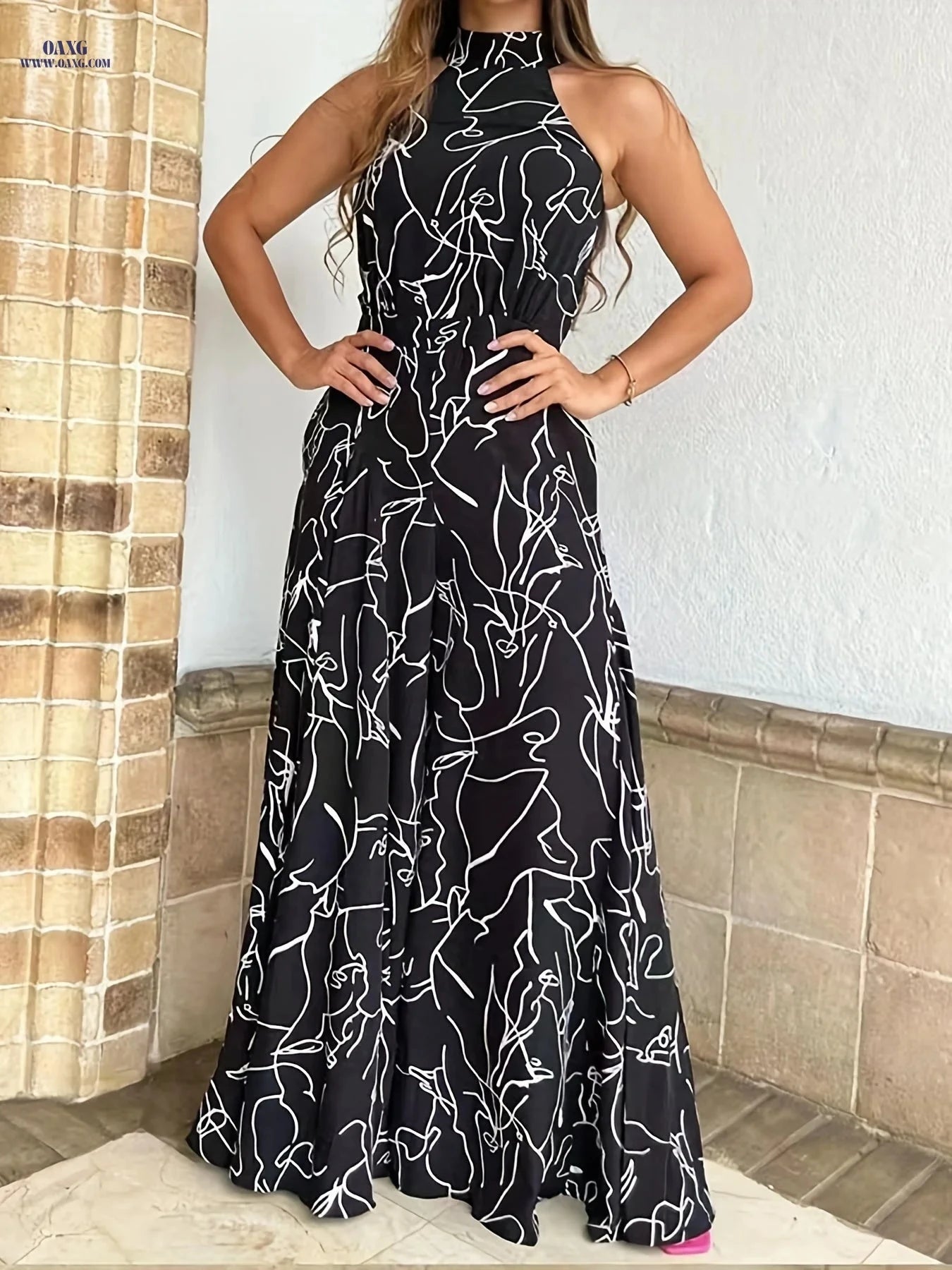 Elegant Abstract Print Wide Leg Jumpsuit - Sleeveless & Flowy Style   OAXG Black / S