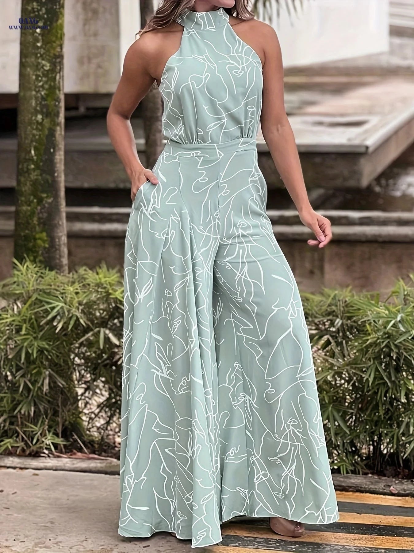 Elegant Abstract Print Wide Leg Jumpsuit - Sleeveless & Flowy Style   OAXG Black / S