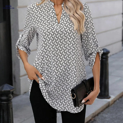 Elegant All-Over Printed Ruffled Short Sleeve Shirt - V-Neck Style   OAXG Mixed colors / S