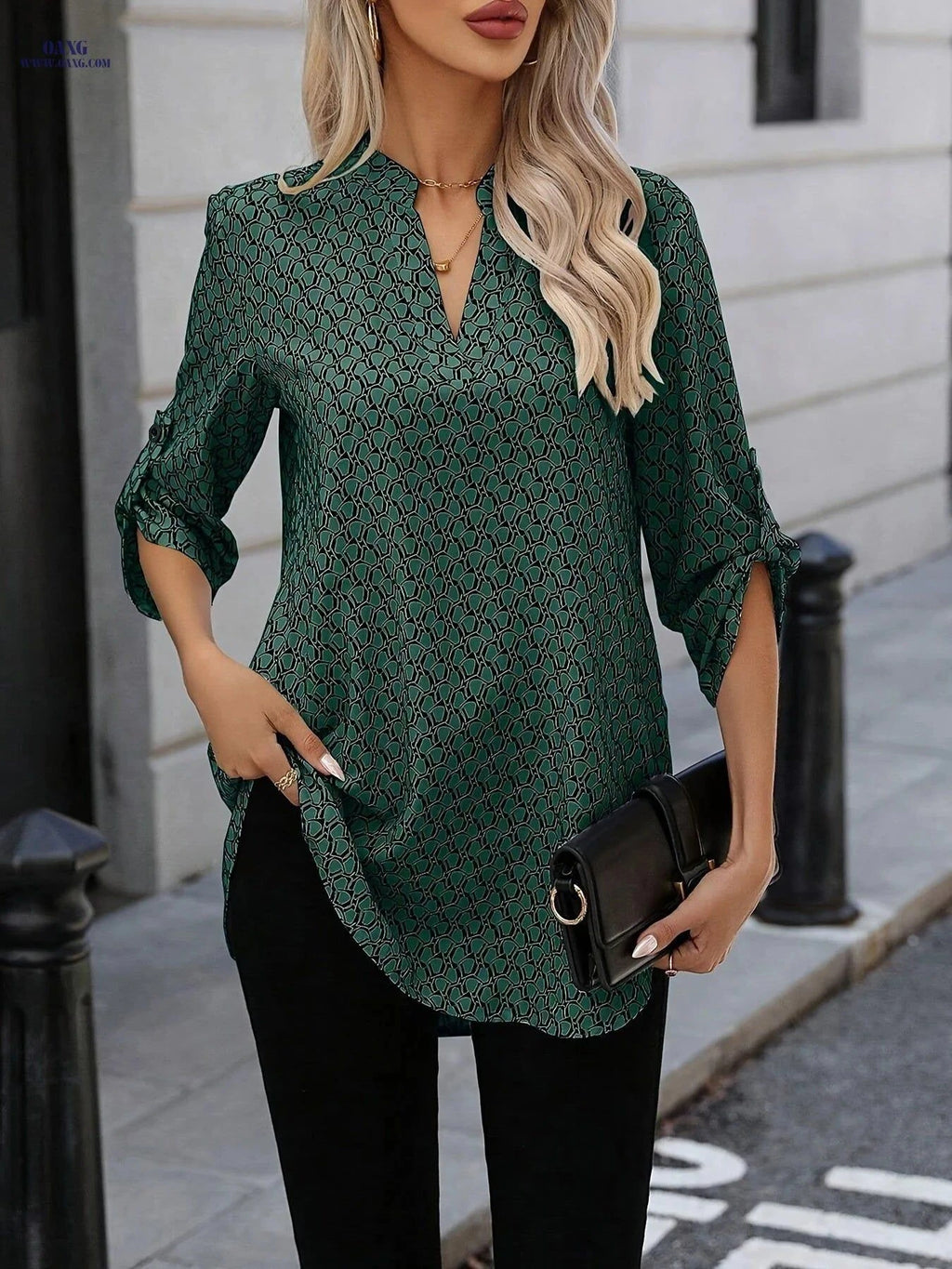 Elegant All-Over Printed Ruffled Short Sleeve Shirt - V-Neck Style   OAXG Mixed colors / S