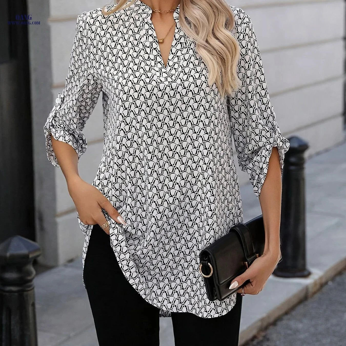 Elegant All-Over Printed Ruffled Short Sleeve Shirt - V-Neck Style   OAXG Mixed colors / S