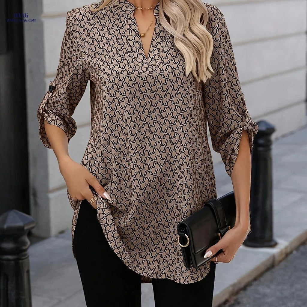 Elegant All-Over Printed Ruffled Short Sleeve Shirt - V-Neck Style   OAXG Mixed colors / S