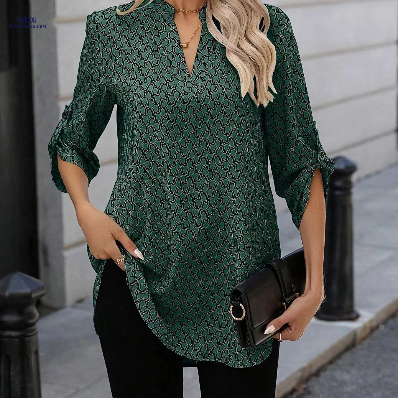 Elegant All-Over Printed Ruffled Short Sleeve Shirt - V-Neck Style   OAXG Mixed colors / S
