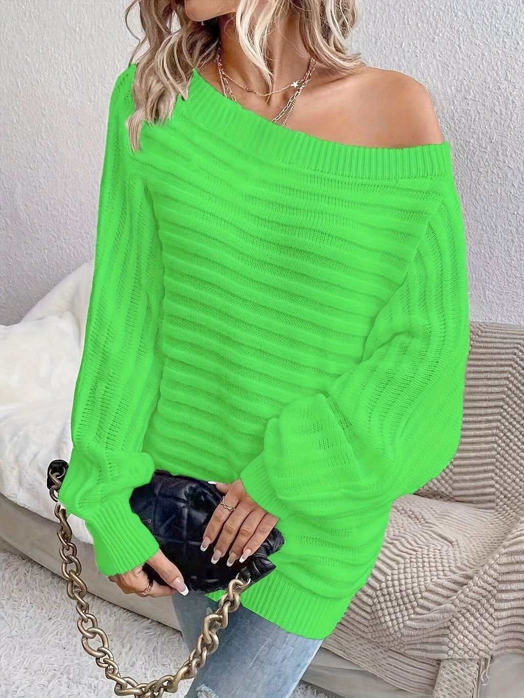 Elegant and Fashionable Off-the-shoulder Sweater for Autumn and Winter, Trendy Casual Comfortable Bare-shoulder Sweater   OAXG White / S