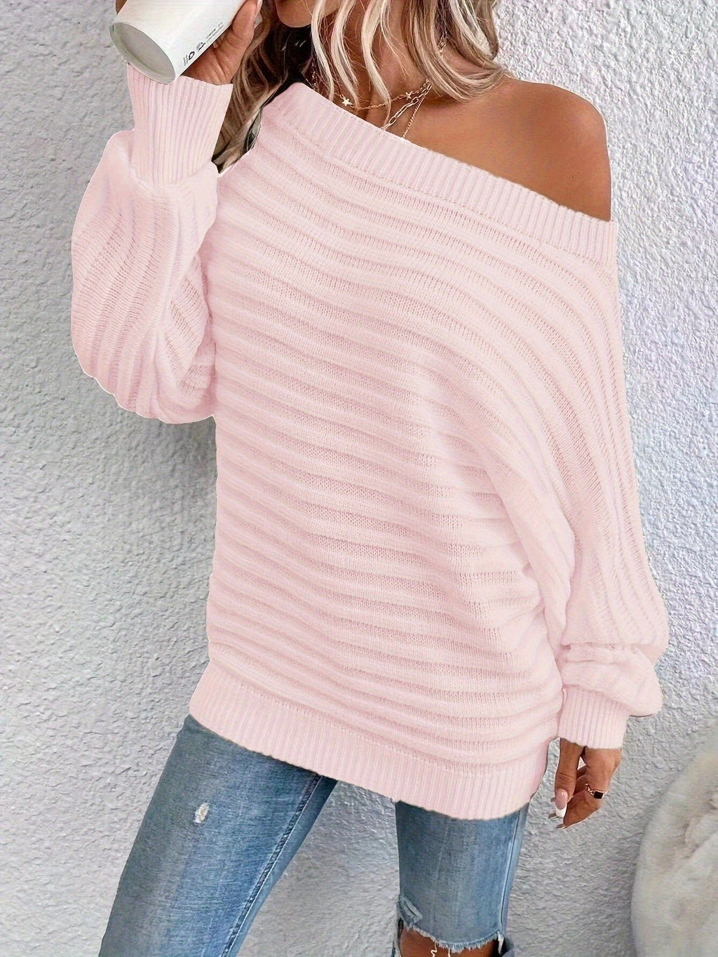 Elegant and Fashionable Off-the-shoulder Sweater for Autumn and Winter, Trendy Casual Comfortable Bare-shoulder Sweater   OAXG White / S
