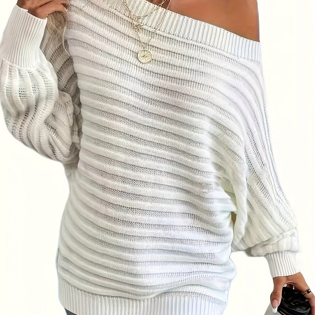 Elegant and Fashionable Off-the-shoulder Sweater for Autumn and Winter, Trendy Casual Comfortable Bare-shoulder Sweater   OAXG White / S