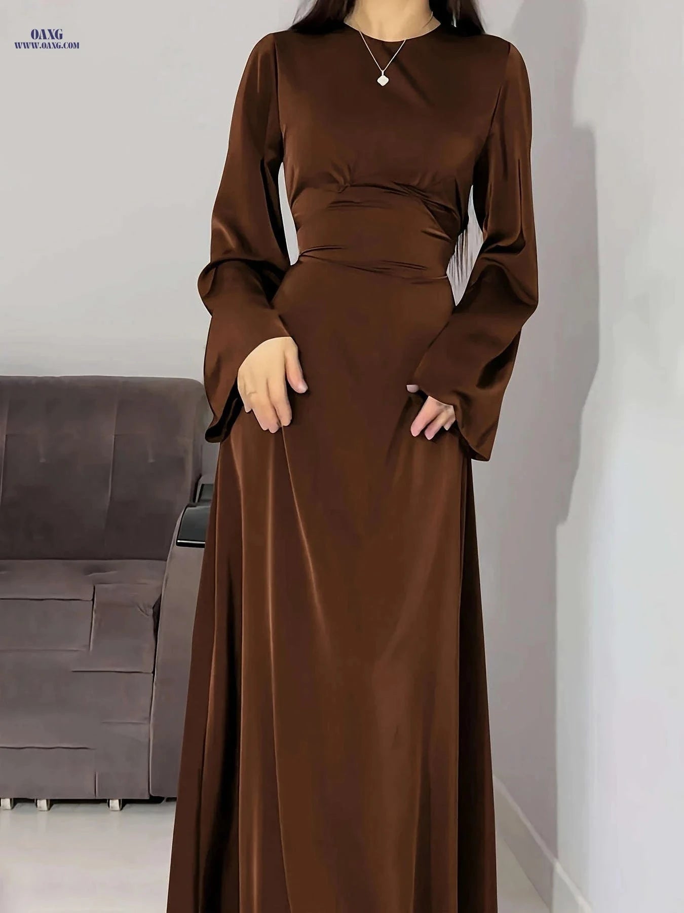 Elegant Arabian Dress - Long Sleeve Satin for Spring/Summer Style   OAXG 