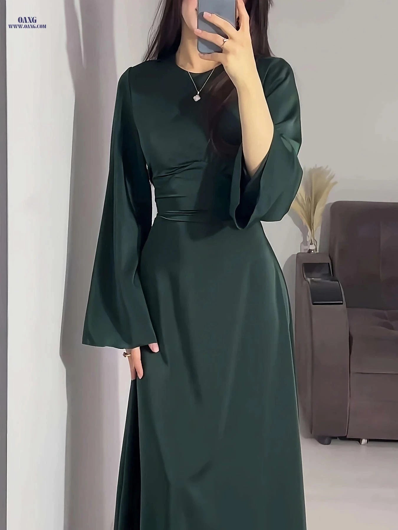 Elegant Arabian Dress - Long Sleeve Satin for Spring/Summer Style   OAXG 