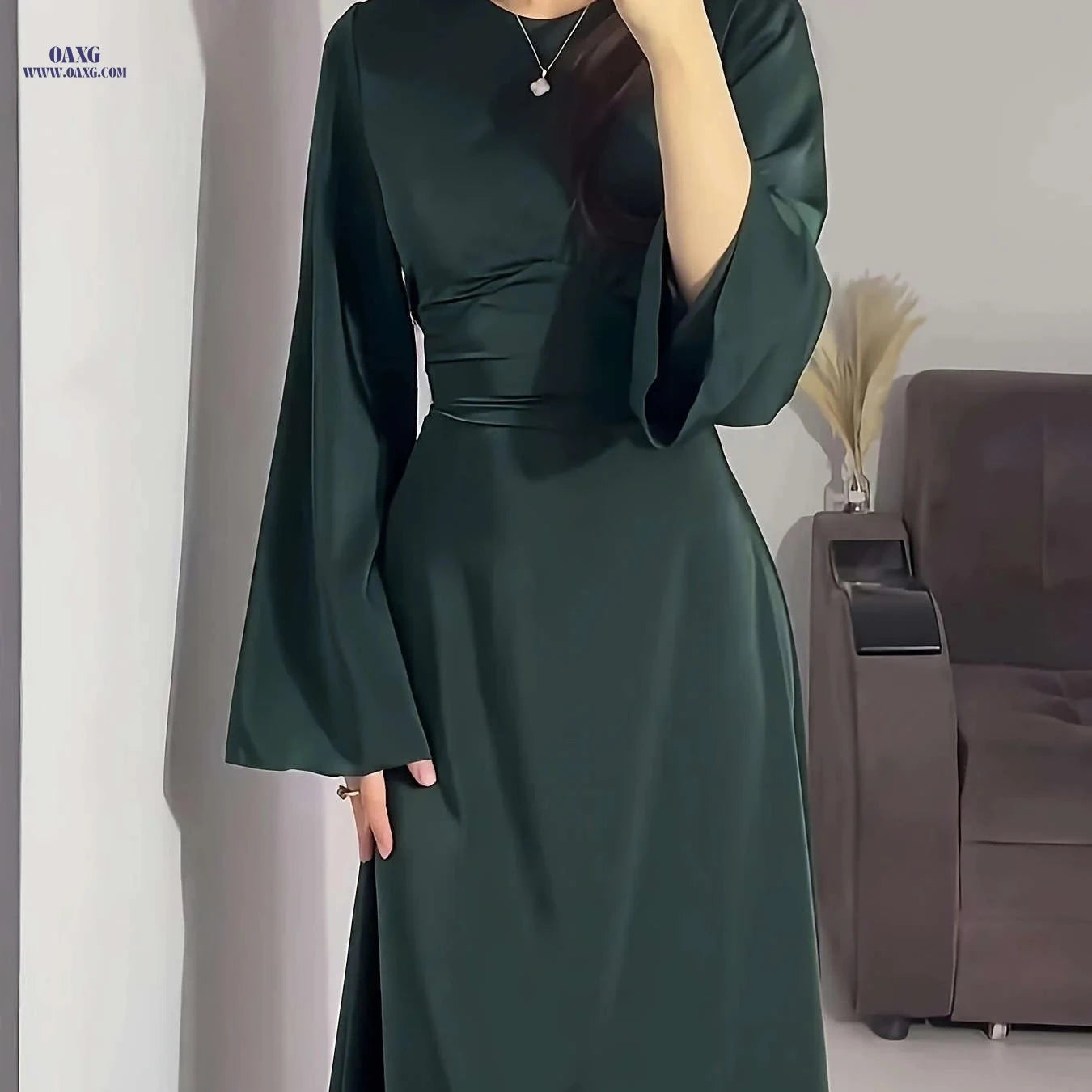 Elegant Arabian Dress - Long Sleeve Satin for Spring/Summer Style   OAXG 