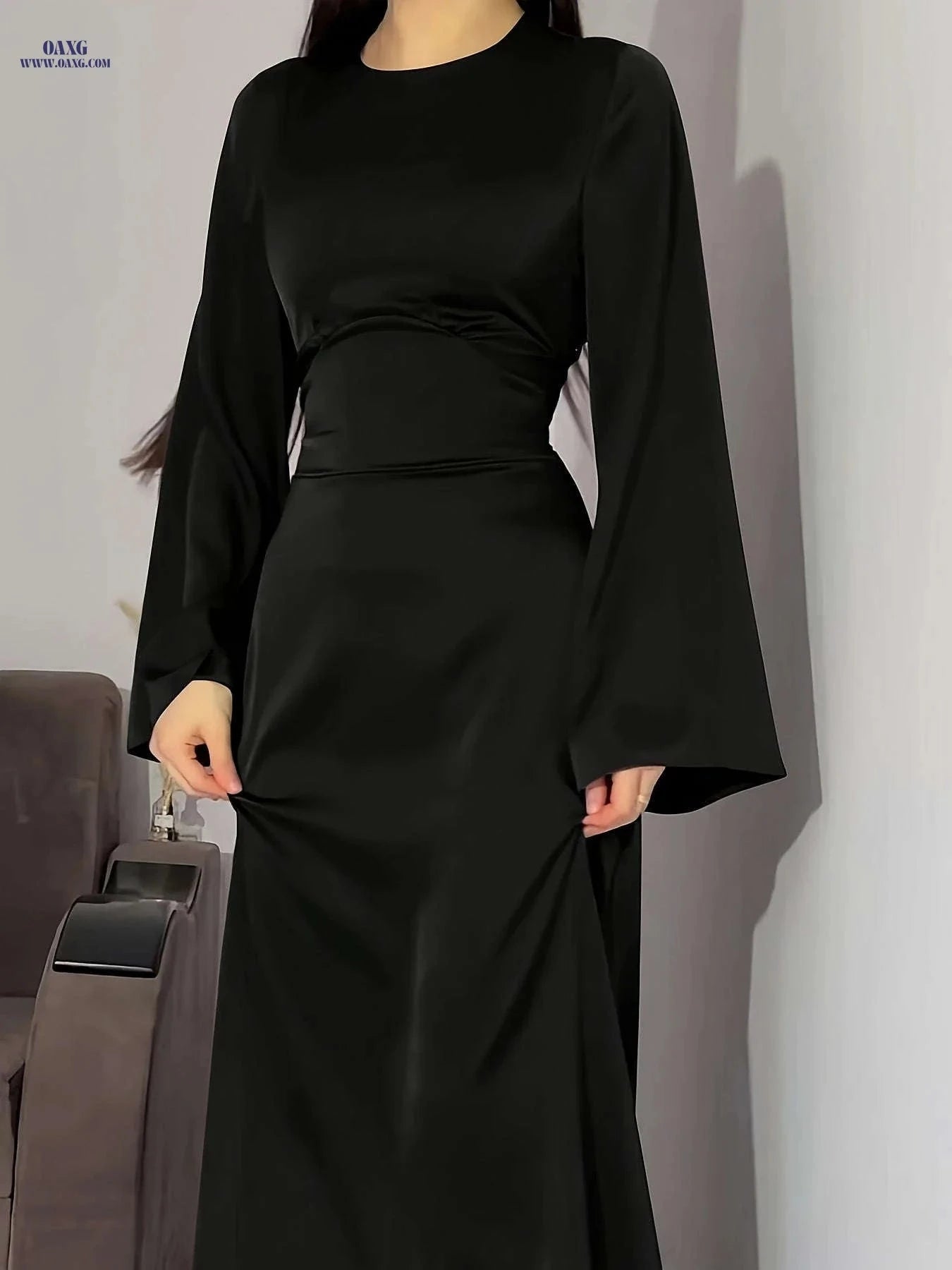 Elegant Arabian Dress - Long Sleeve Satin for Spring/Summer Style   OAXG 