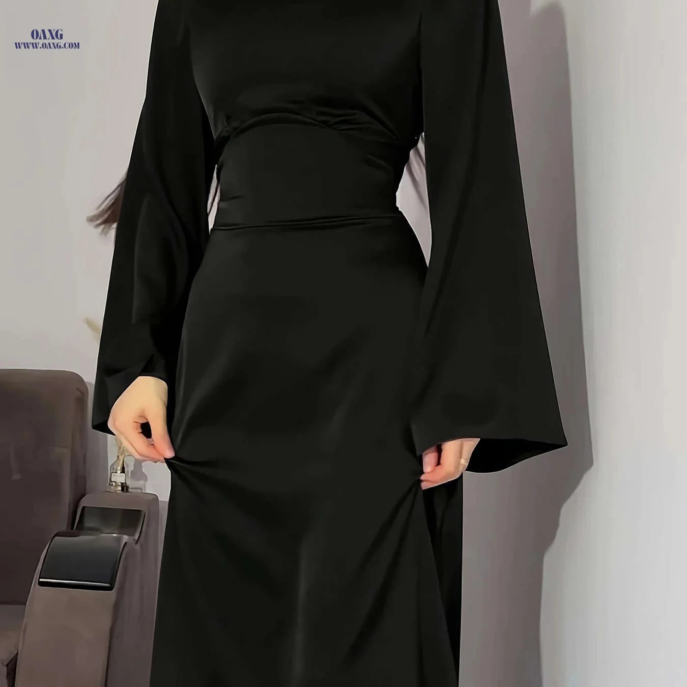 Elegant Arabian Dress - Long Sleeve Satin for Spring/Summer Style   OAXG 