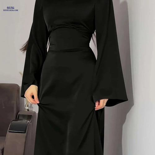 Elegant Arabian Dress - Long Sleeve Satin for Spring/Summer Style   OAXG Navy Color / XS