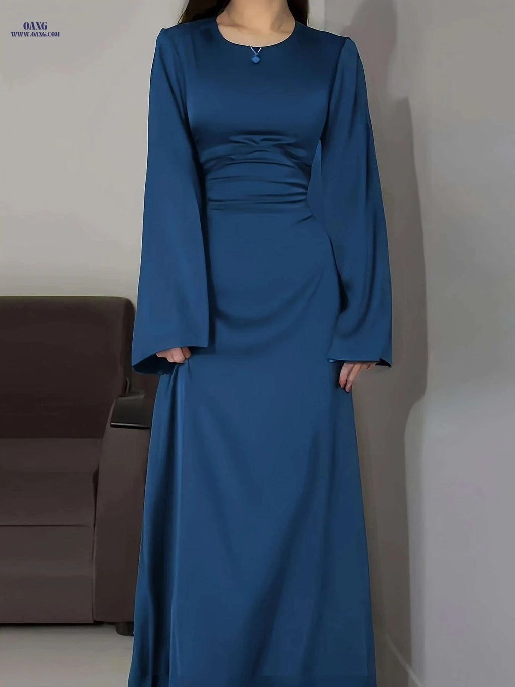 Elegant Arabian Dress - Long Sleeve Satin for Spring/Summer Style   OAXG Navy Color / XS