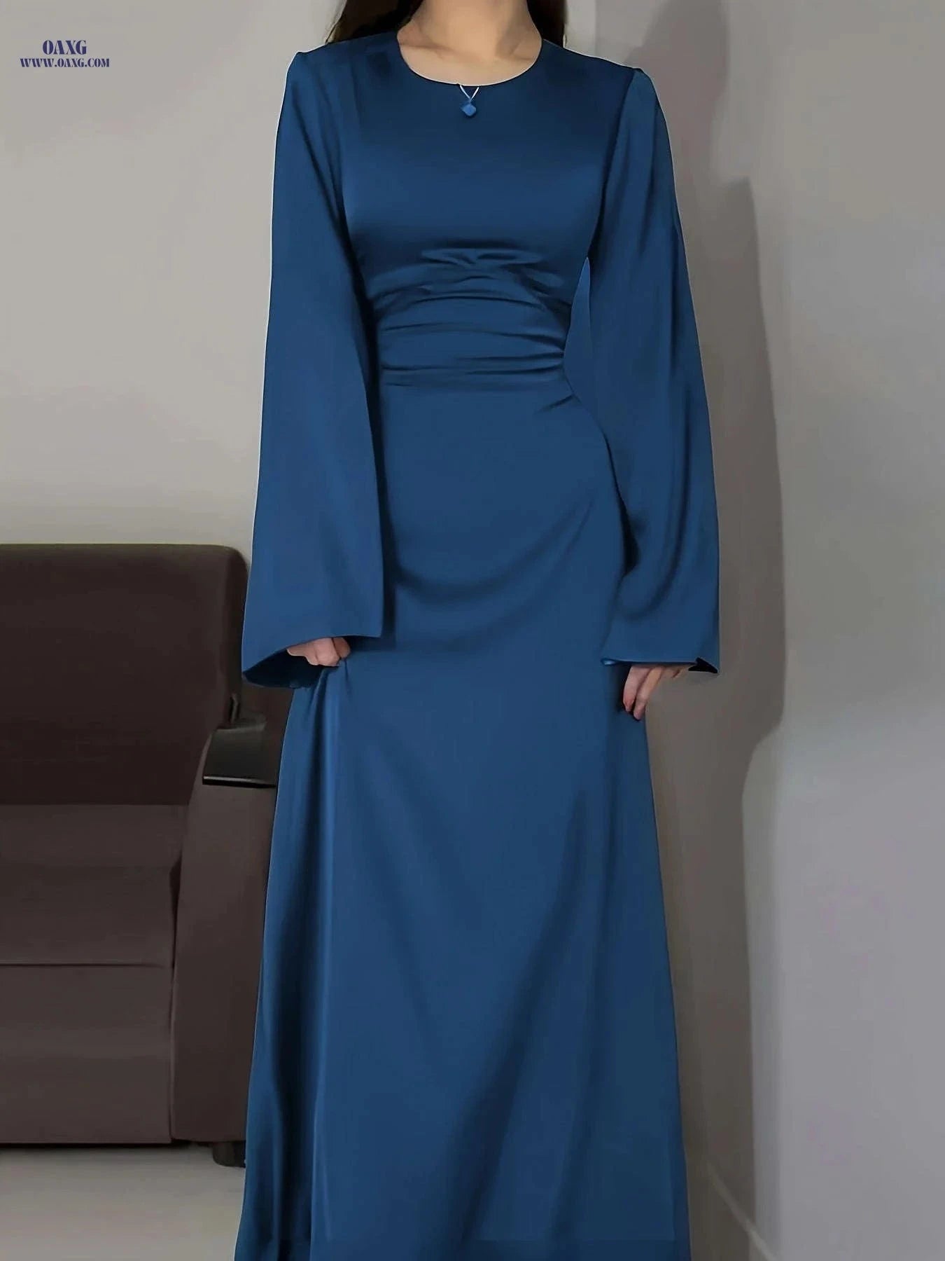 Elegant Arabian Dress - Long Sleeve Satin for Spring/Summer Style   OAXG Navy Color / XS
