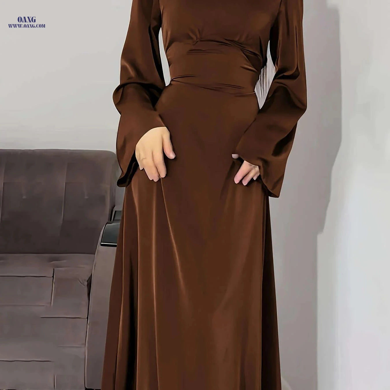 Elegant Arabian Dress - Long Sleeve Satin for Spring/Summer Style   OAXG Navy Color / XS
