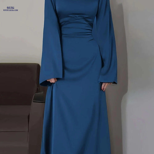 Elegant Arabian Dress - Long Sleeve Satin for Spring/Summer Style   OAXG Navy Color / XS