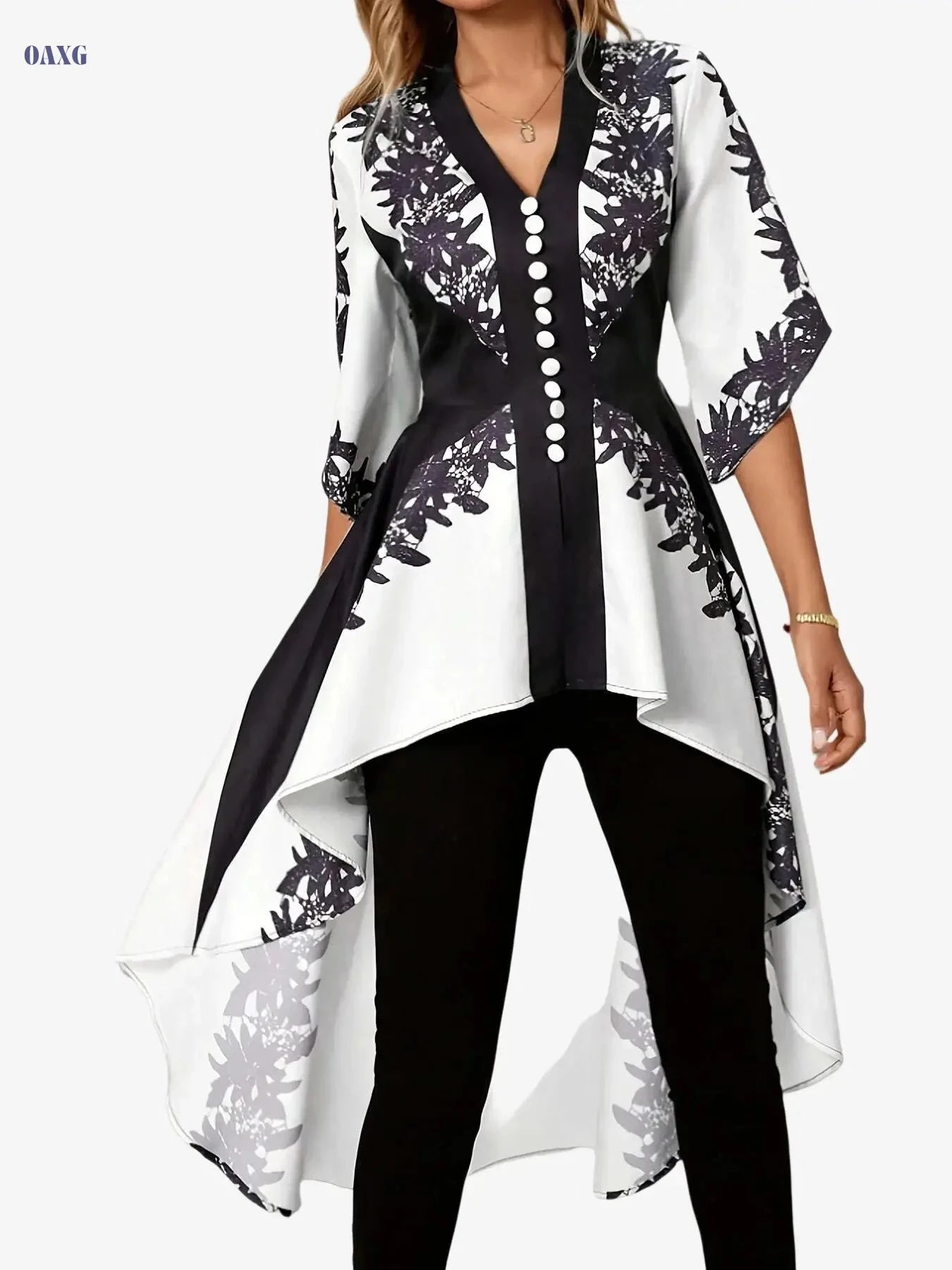 Elegant Arabian-Inspired Blouse - V-Neck Black & Beige Floral   OAXG 