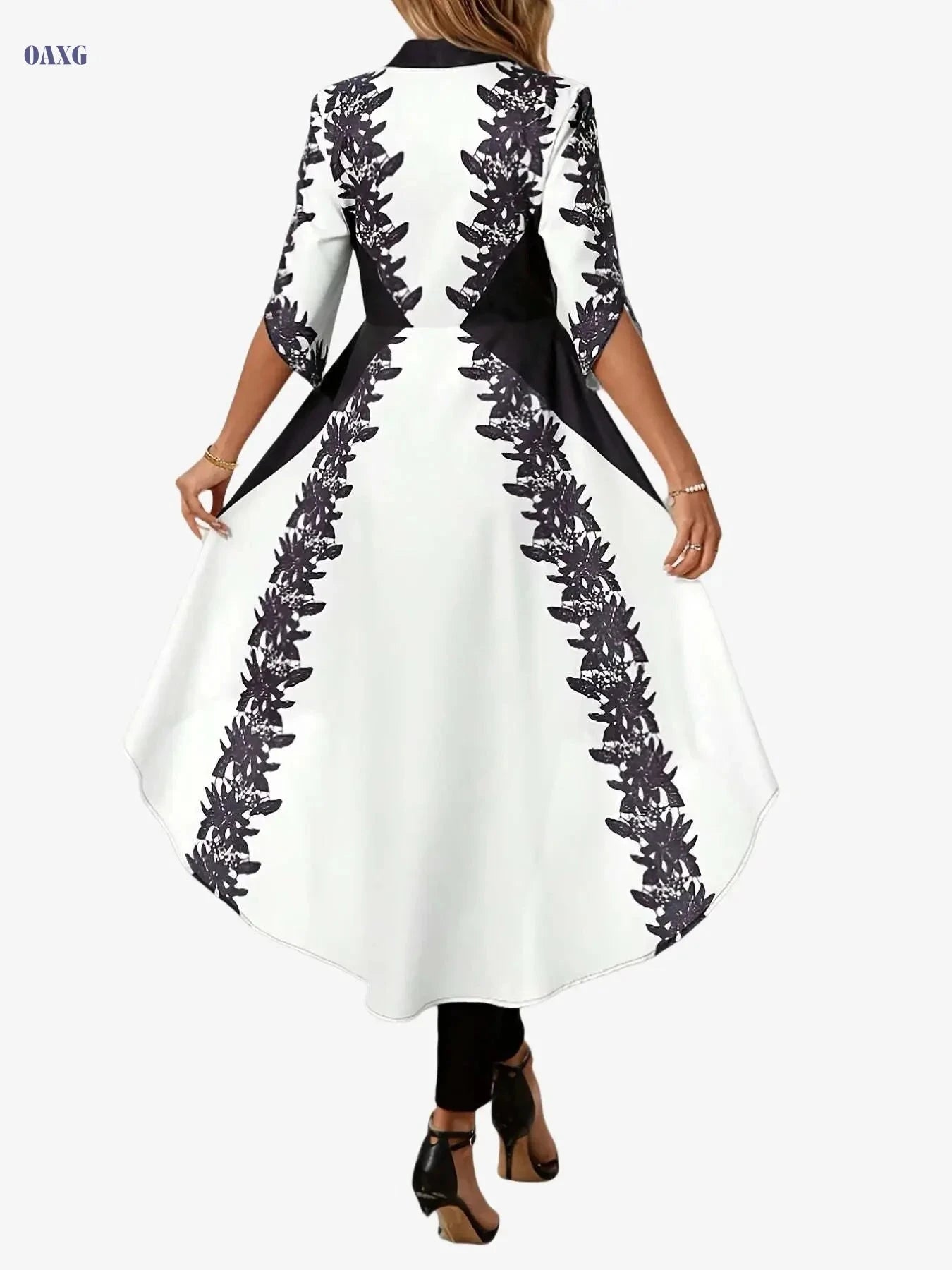Elegant Arabian-Inspired Blouse - V-Neck Black & Beige Floral   OAXG Black / S