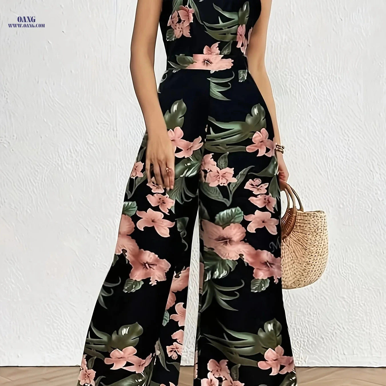 Elegant Asymmetric Tropical Print Jumpsuit - Wide Leg Design   OAXG 