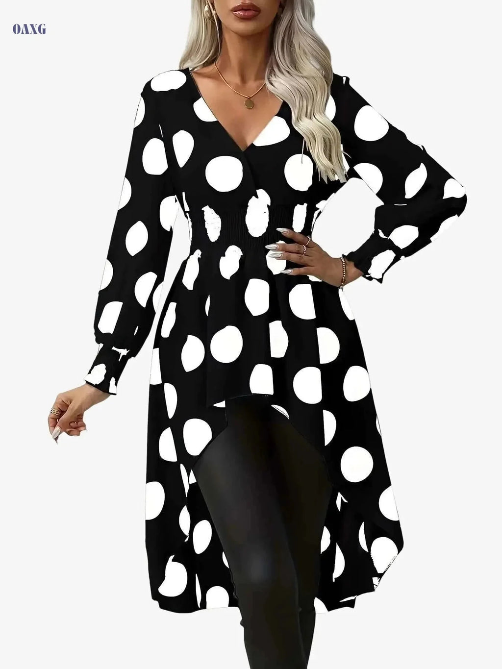 Elegant Asymmetrical Polka Dot Blouse - Long Sleeve V-Neck Top   OAXG 