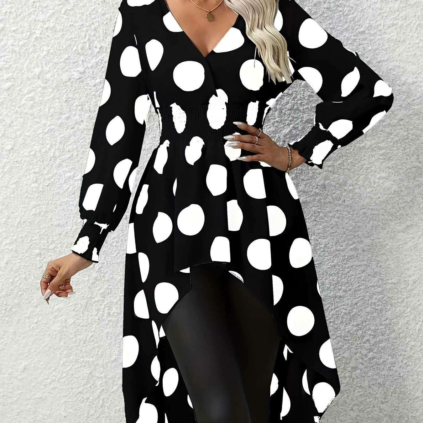 Elegant Asymmetrical Polka Dot Blouse - Long Sleeve V-Neck Top   OAXG 