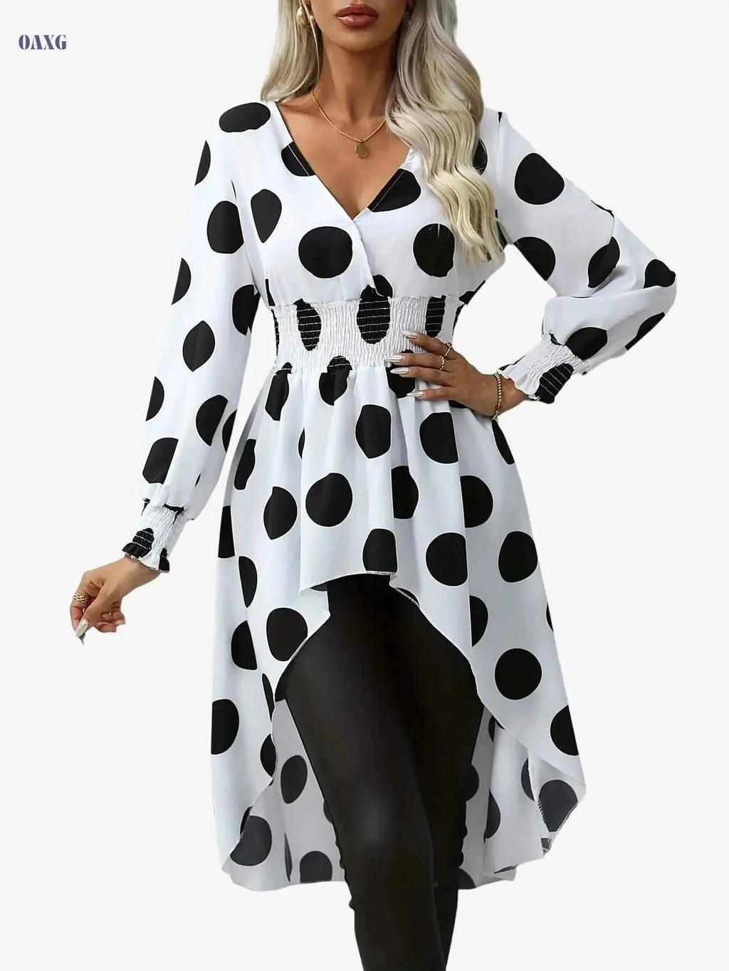 Elegant Asymmetrical Polka Dot Blouse - Long Sleeve V-Neck Top   OAXG 
