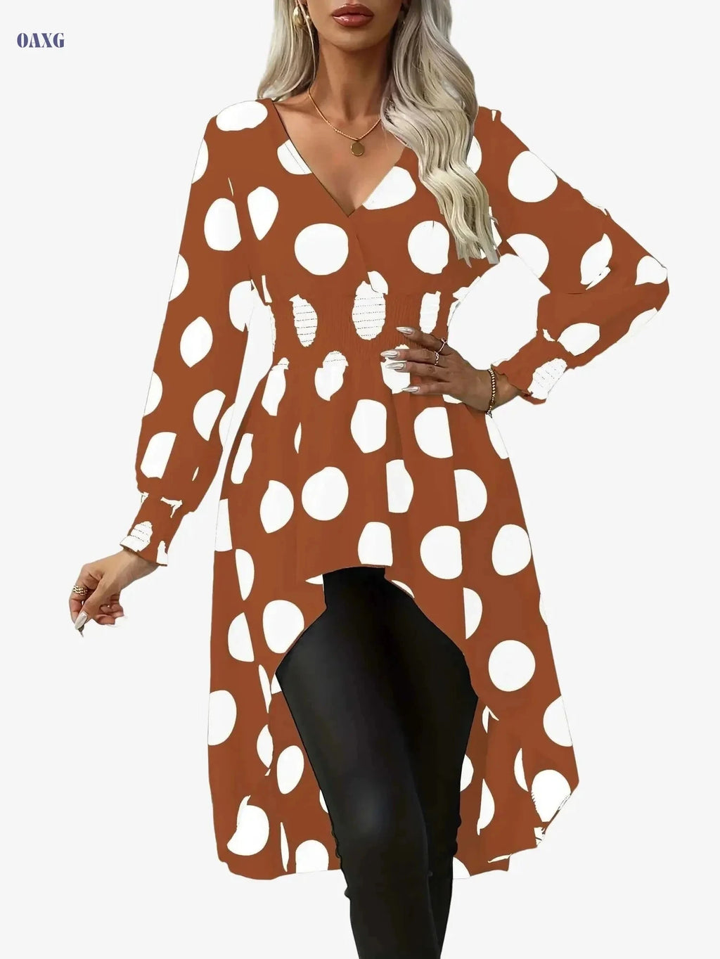 Elegant Asymmetrical Polka Dot Blouse - Long Sleeve V-Neck Top   OAXG White / S