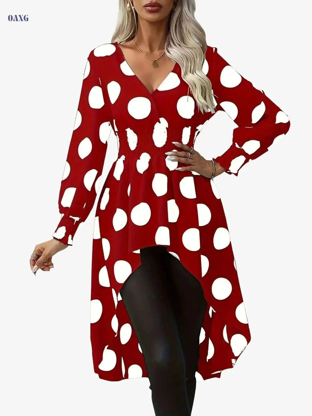 Elegant Asymmetrical Polka Dot Blouse - Long Sleeve V-Neck Top   OAXG White / S