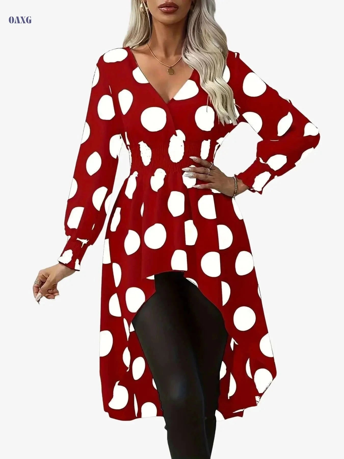 Elegant Asymmetrical Polka Dot Blouse - Long Sleeve V-Neck Top   OAXG White / S