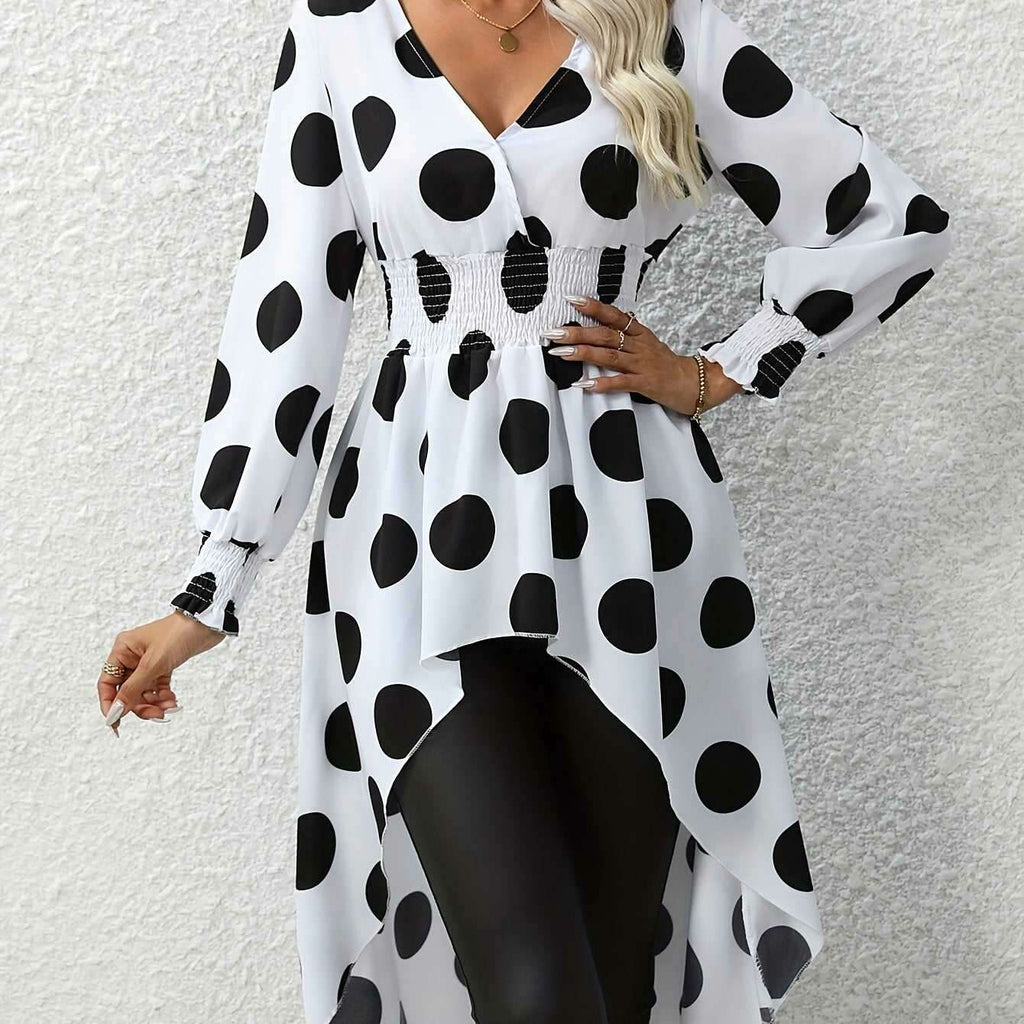 Elegant Asymmetrical Polka Dot Blouse - Long Sleeve V-Neck Top   OAXG White / S
