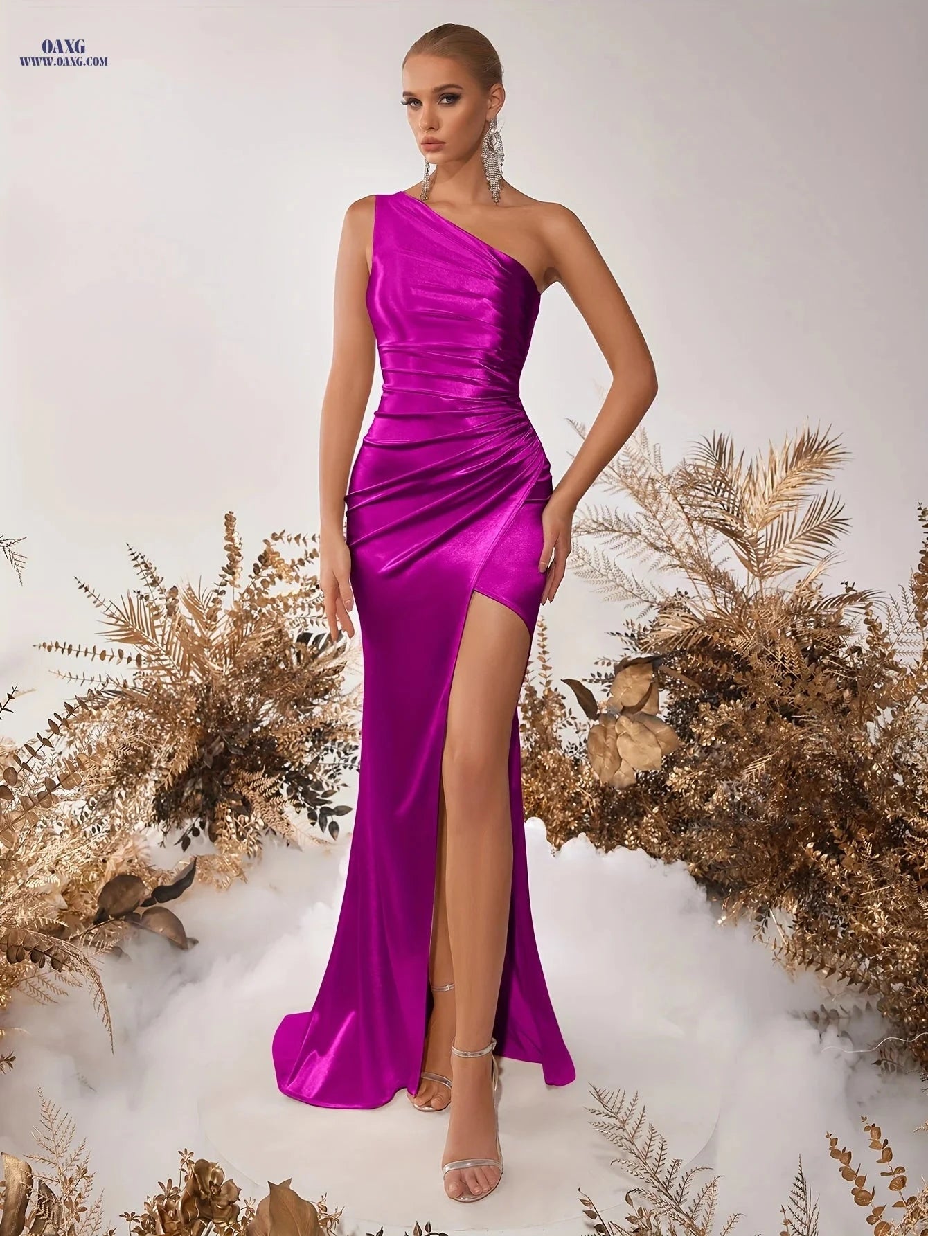 Elegant Asymmetrical Shoulder High-Slit Party Dress - Bodycon Style   OAXG 