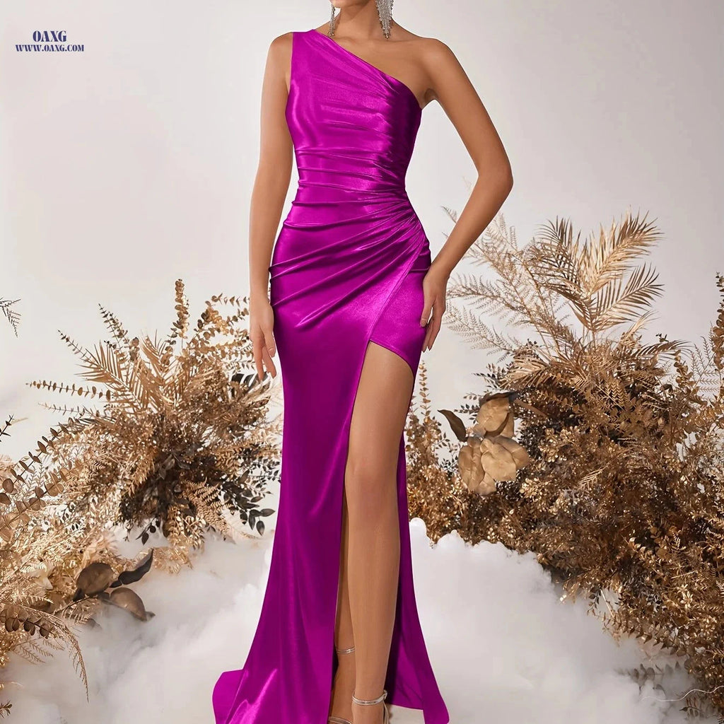 Elegant Asymmetrical Shoulder High-Slit Party Dress - Bodycon Style   OAXG Rose Red / XS