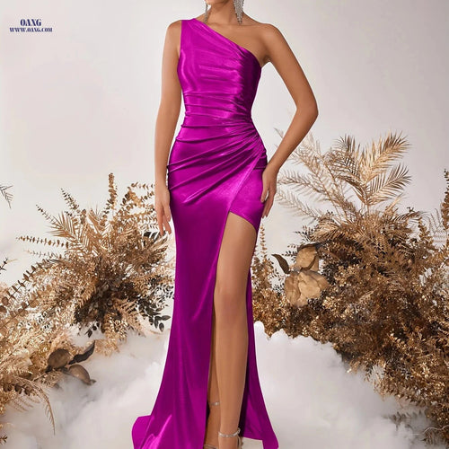Elegant Asymmetrical Shoulder High-Slit Party Dress - Bodycon Style   OAXG Rose Red / XS
