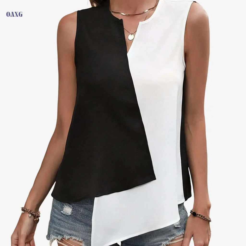 Elegant Asymmetrical Sleeveless Shirt - Two-Tone Cutout Design   OAXG 