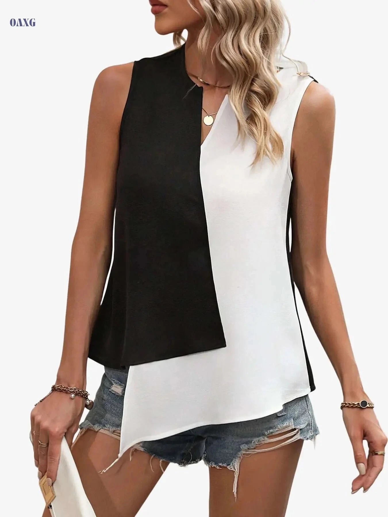 Elegant Asymmetrical Sleeveless Shirt - Two-Tone Cutout Design   OAXG 
