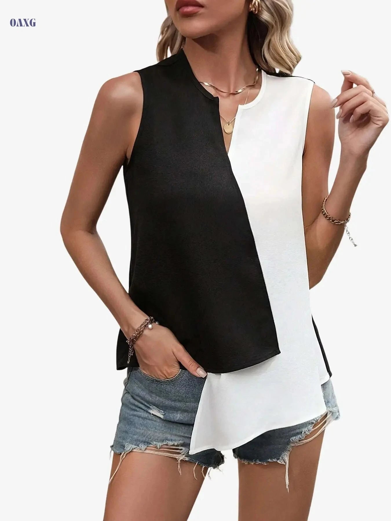 Elegant Asymmetrical Sleeveless Shirt - Two-Tone Cutout Design   OAXG 