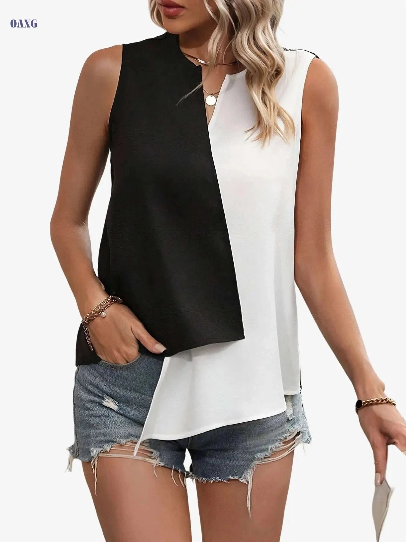 Elegant Asymmetrical Sleeveless Shirt - Two-Tone Cutout Design   OAXG Black+White / S