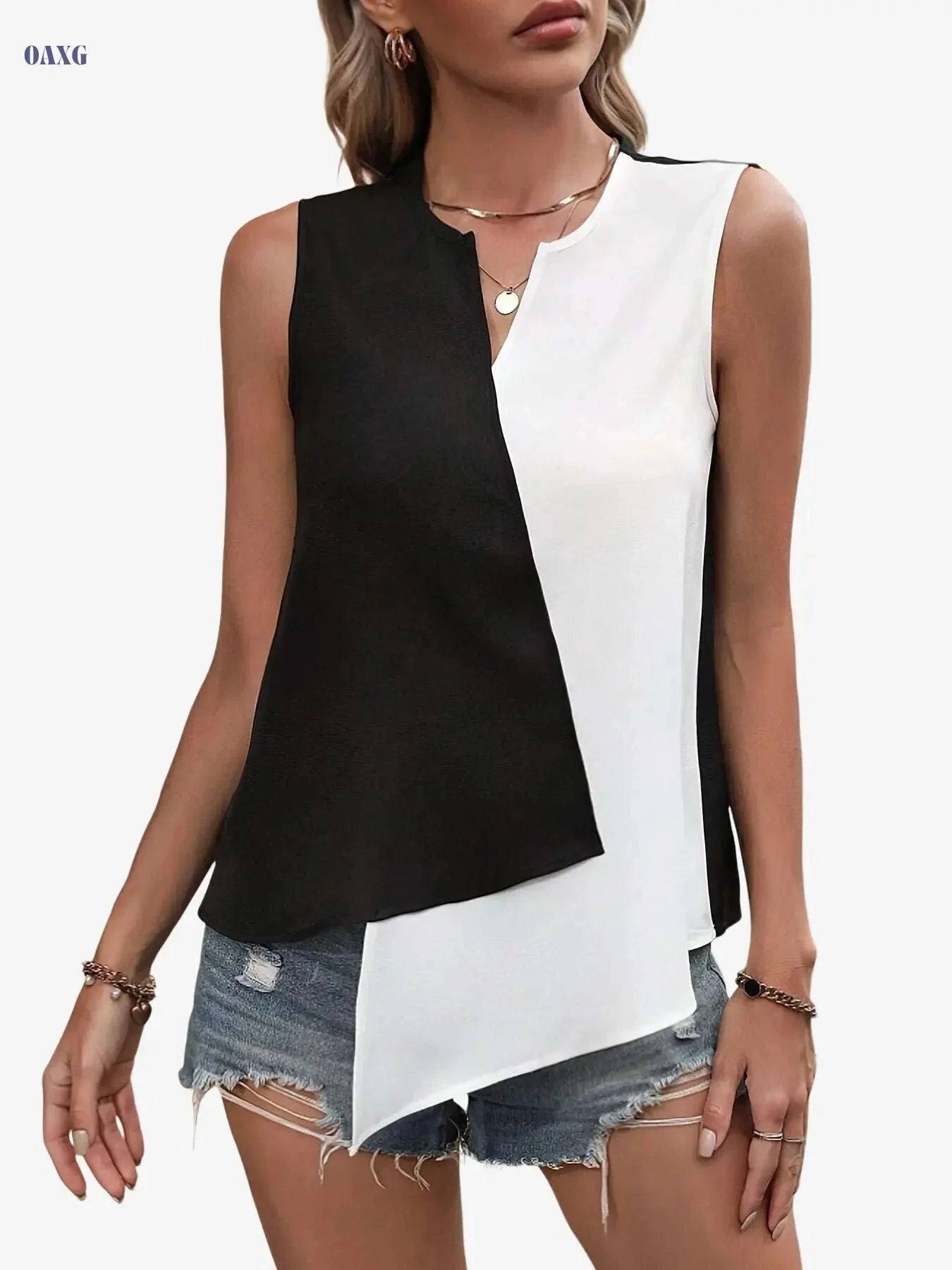 Elegant Asymmetrical Sleeveless Shirt - Two-Tone Cutout Design   OAXG Black+White / S