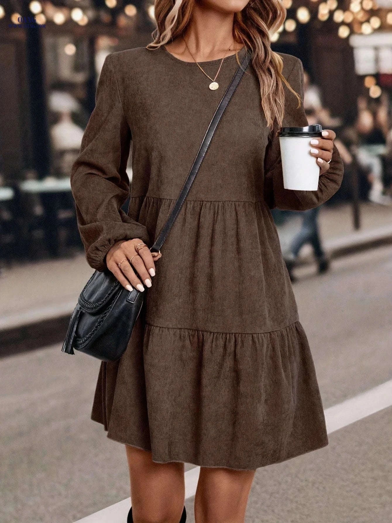 Elegant Autumn Casual Long Dress - Solid Color, Lantern Sleeves   OAXG 