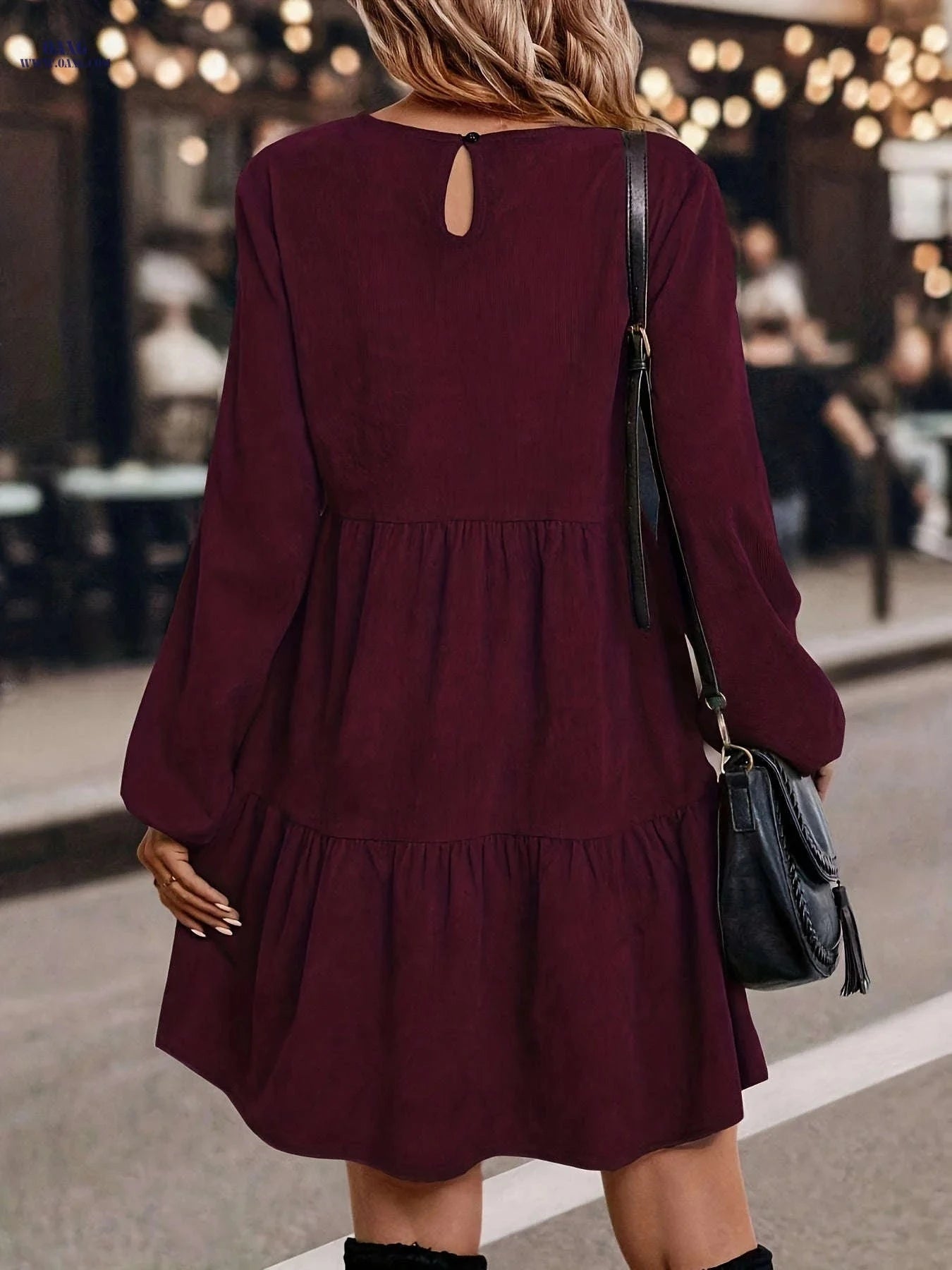 Elegant Autumn Casual Long Dress - Solid Color, Lantern Sleeves   OAXG crimson / S