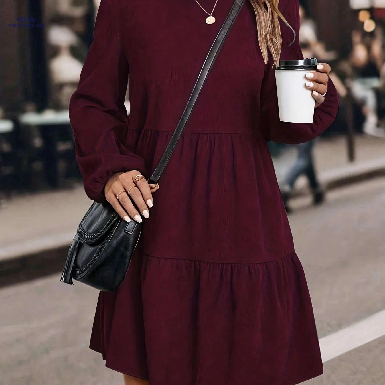 Elegant Autumn Casual Long Dress - Solid Color, Lantern Sleeves   OAXG 