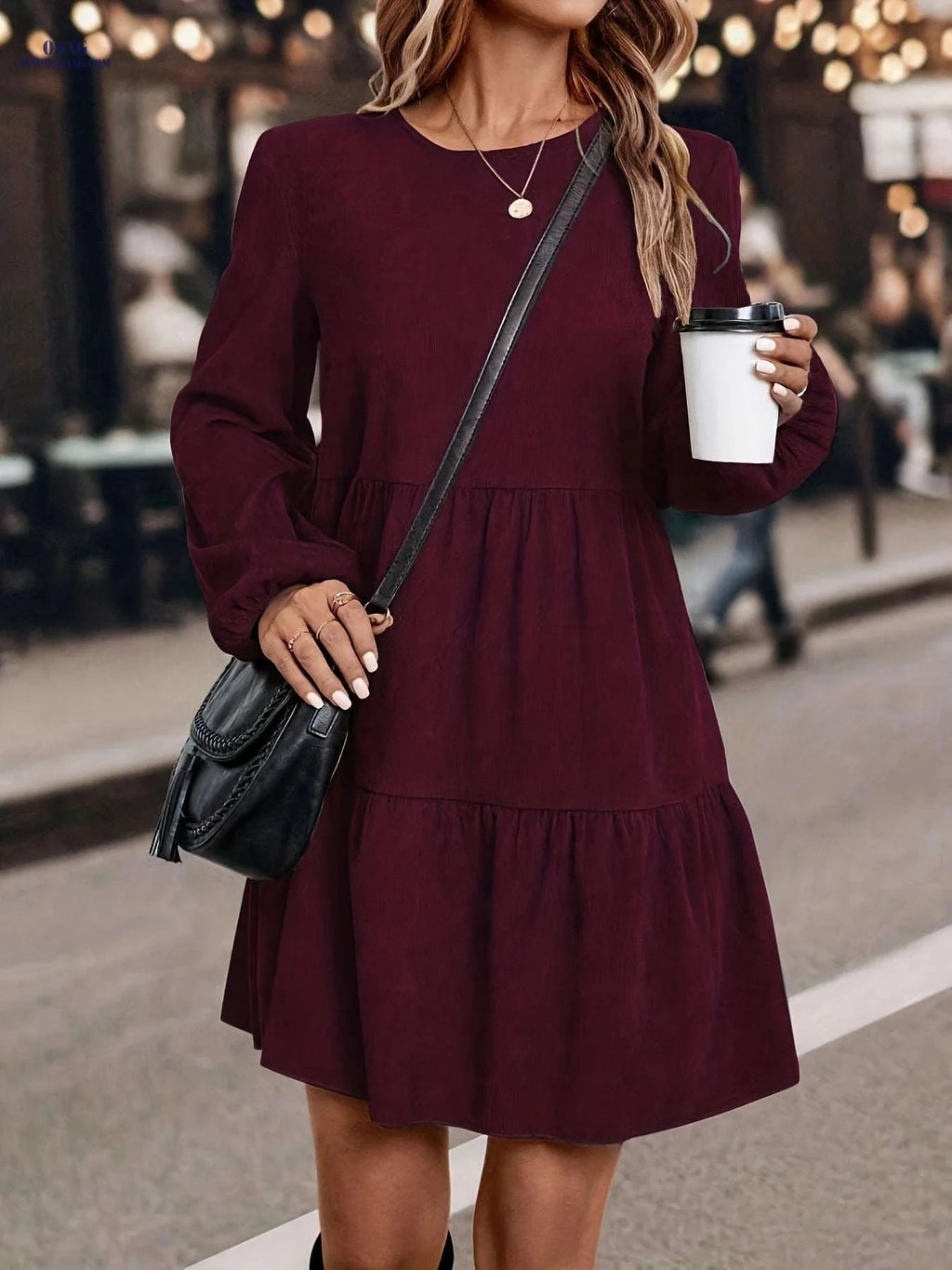 Elegant Autumn Casual Long Dress - Solid Color, Lantern Sleeves   OAXG 