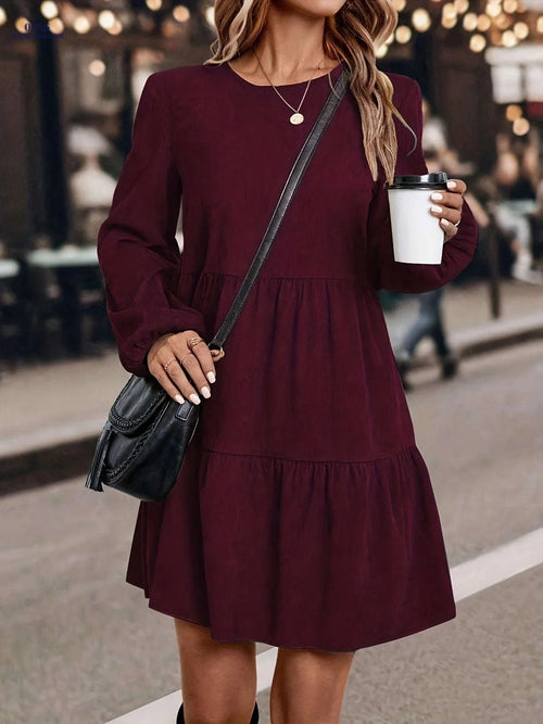 Elegant Autumn Casual Long Dress - Solid Color, Lantern Sleeves   OAXG 