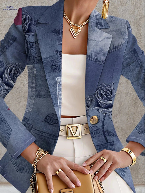 Elegant Autumn Printed Coat - Long Sleeve Casual Women's Outerwear   OAXG Mixed Color / S